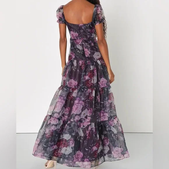 Lulus Lavender and Black Floral Organza Tiered Maxi Dress - Picture 3 of 3